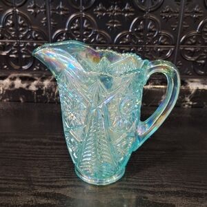 Ice Blue Carnival Glass Pitcher By L E Smith, Hobstar Glass Pitcher, Valtec